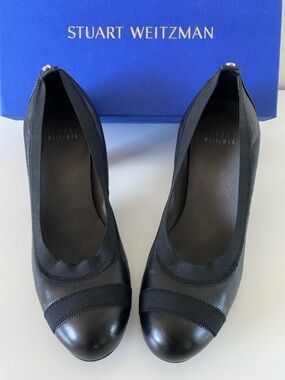 Stuart Weitzman | Black Elastic trim Block Heels Round Toe Leather Pump